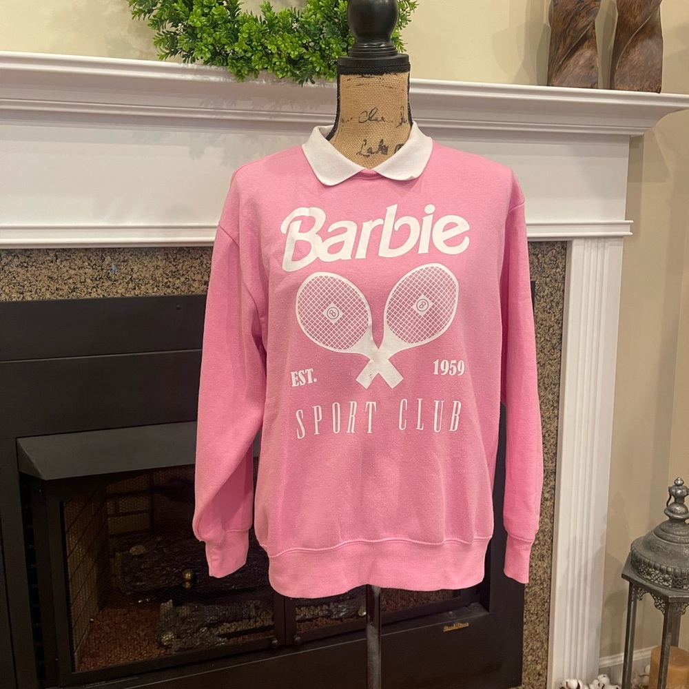 Mattel Barbie Sport Club Tennis Pink White Collared Sweatshirt Women's Medium